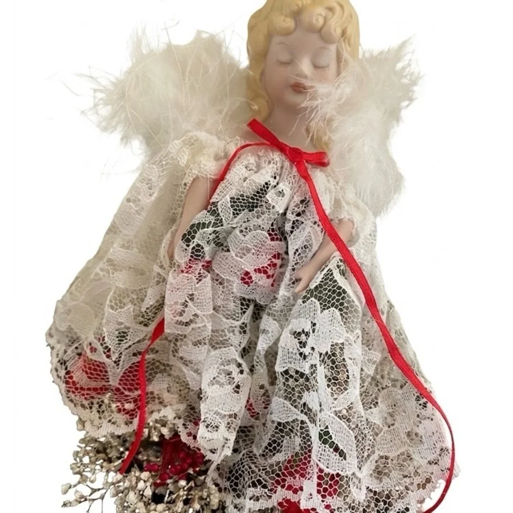 VTG Angel Feather Wings Porcelain Face Ornament Lace Dress Roses Baby Breath 8”L